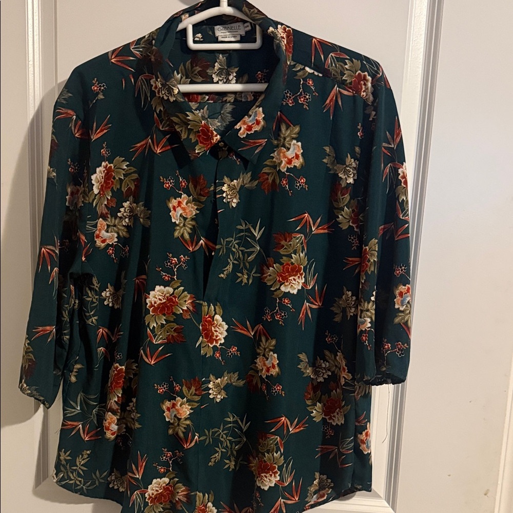Gabrielle Teal Floral Button-Down Blouse